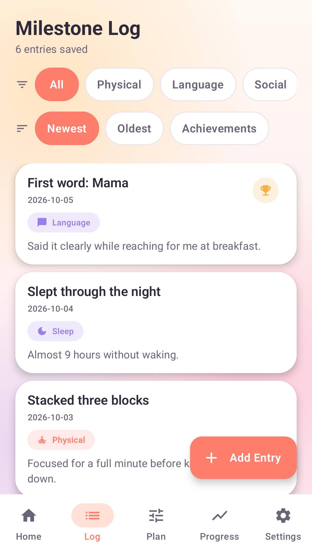 Milestone log screen